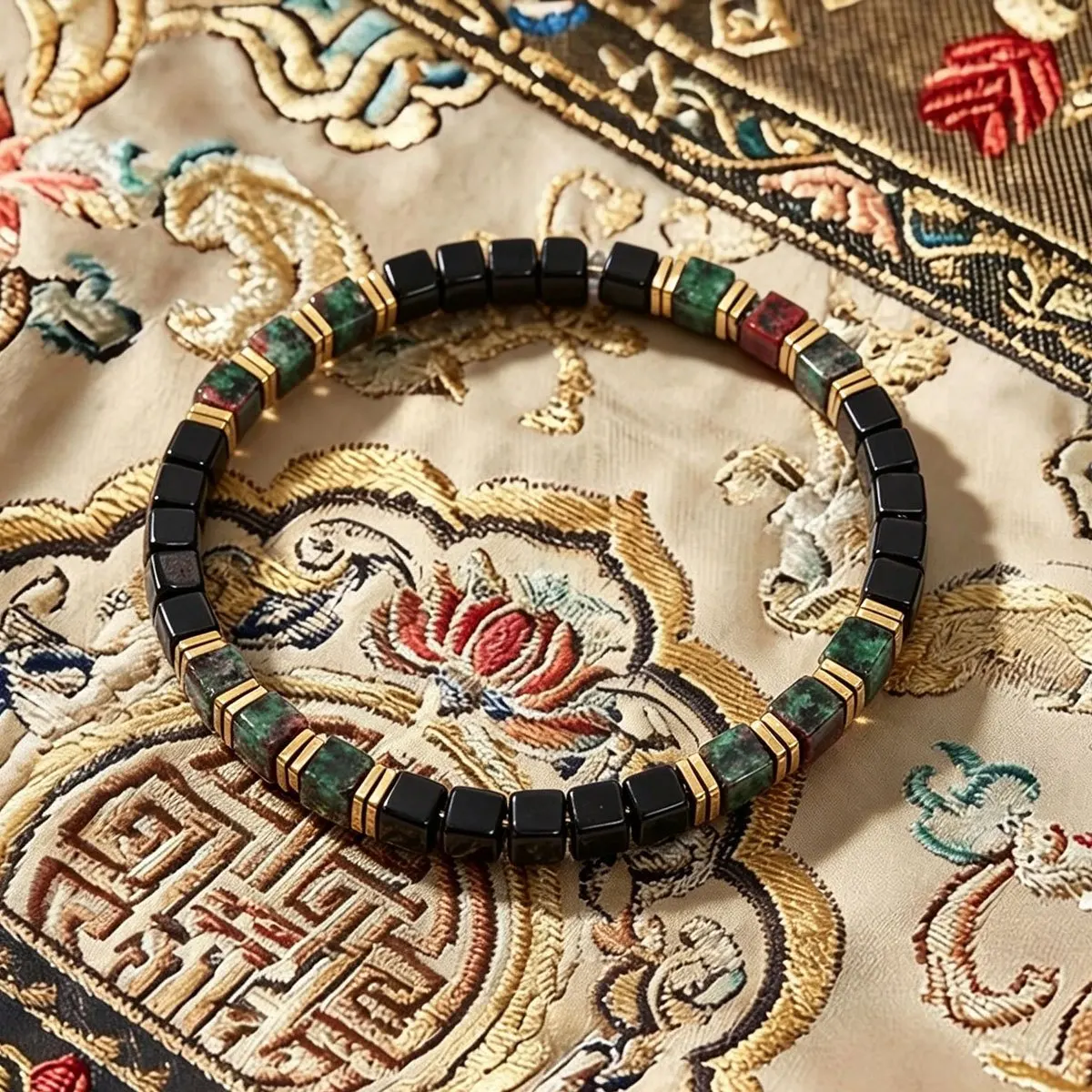 Vintage Style Green Curtain Granite 5mm Square Bead Bracelet, Symbolizing Wealth and Creativity, Handmade Elastic Rope Jewelry