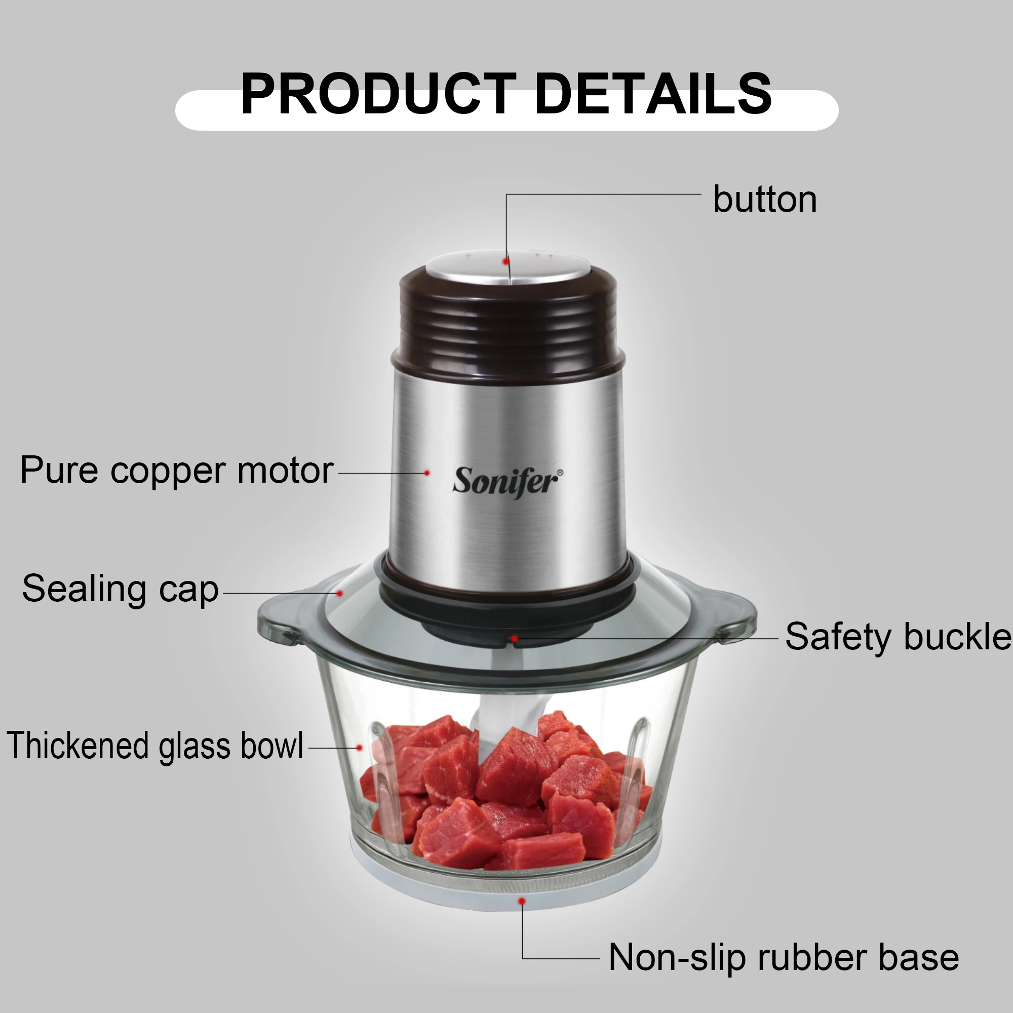 2 Speeds Electric Chopper Meat Grinder 1.8L Glass Mincer Food Processor Slicer Egg Beater Vegetable Meat Grinder 250W Sonifer