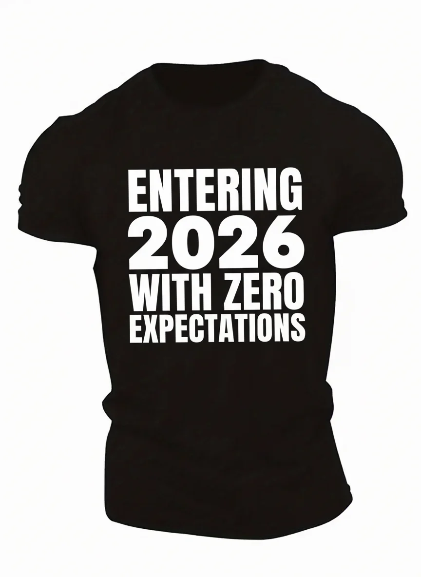 

Men's Casual Short Sleeve Graphic Tee - "Entering 2026 With Zero Expectations" Slogan Print Black Crew Neck Summer T-Shirt