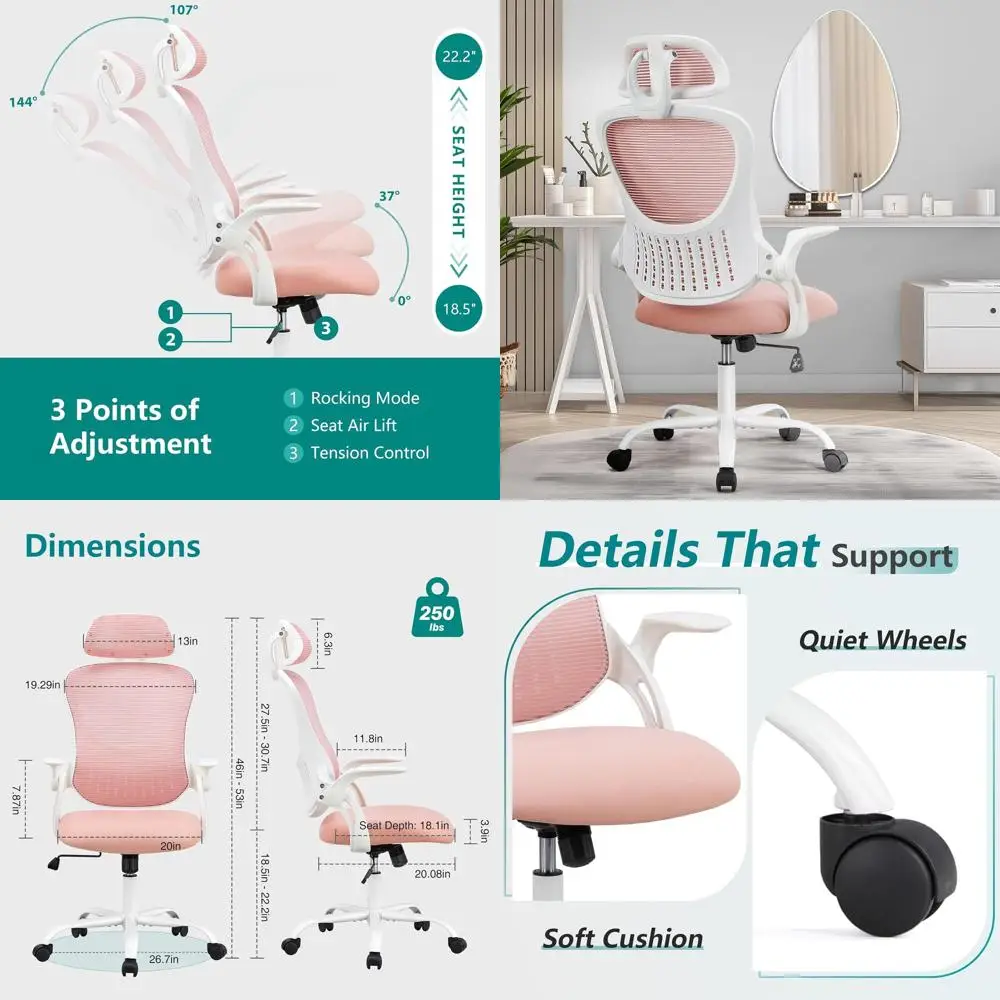 

Ergonomic High-Back Swivel Desk Chair with Lumbar Support, Adjustable Seat, and Flip-Up Armrests for Home, Office, Gaming, and S