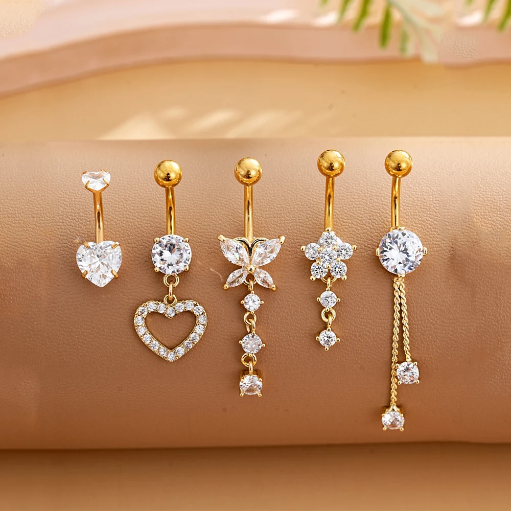 5pcs Dangled Belly Button Rings Butterfly Heart Set