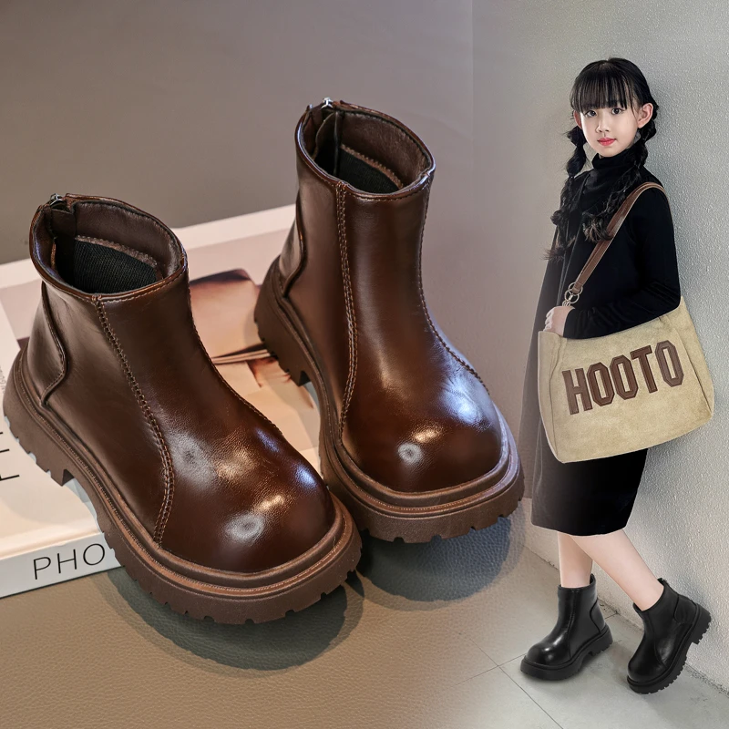 Kids Fashion Boots 2025 Autumn Winter Boy Girls Waterproof Non-slip Solid Zipper Soft Sole Leather Boots Children's Casual Shoes