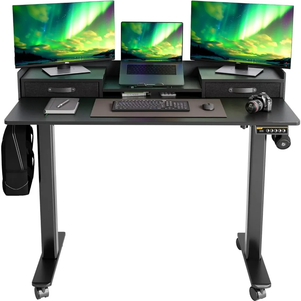 Desk with Drawers, Stand Up Electric Standing Desk Adjustable Height, Sit Stand Desk with Storage Shelf and Splice Board, Black