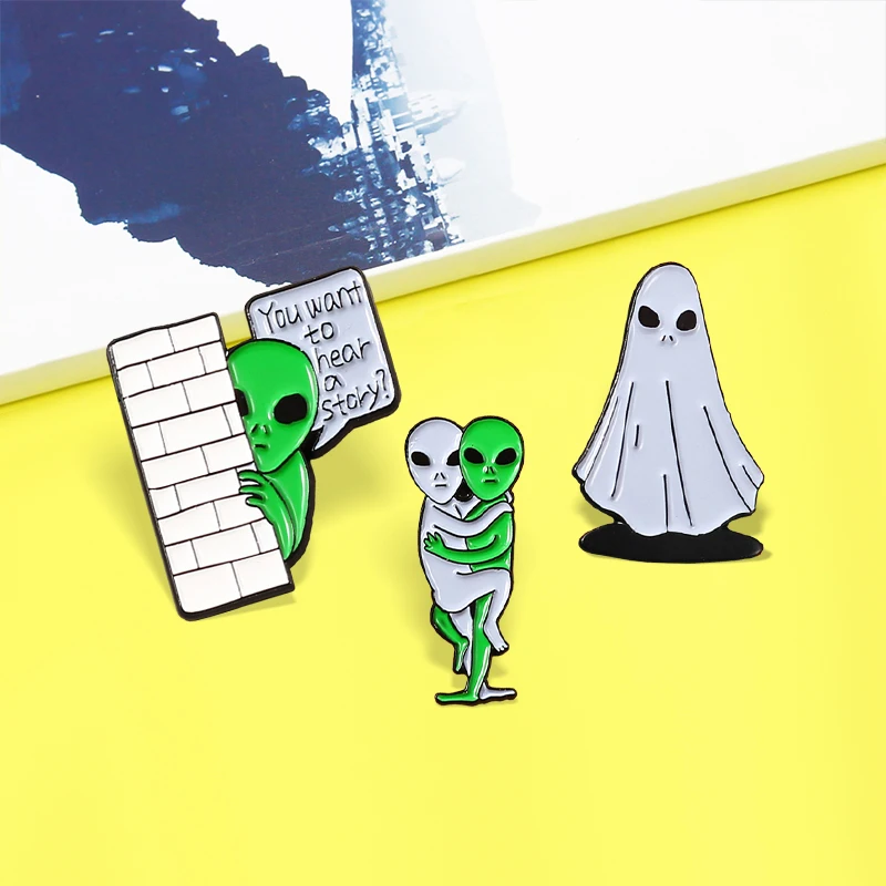 Ghost Enamel Pin Alien ET 'You want to hear a story?' Brooches Lapel For Lovers Best Friend Badge Jewelry Gift Funny Alien And