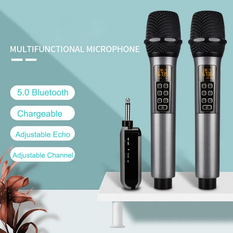 A-21 UHF Wireless Microphone Rechargeable Wireless Microphone Metal Dual Handheld Dynamic Mic with Rechargeable Receiver Karaoke