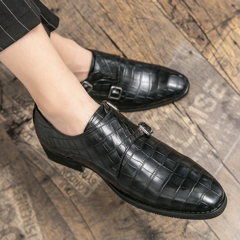 Crocodile Embossed Formal Shoes for Men Solid Color Pointed Double Buckle British Fashion Party Business Leather Shoes