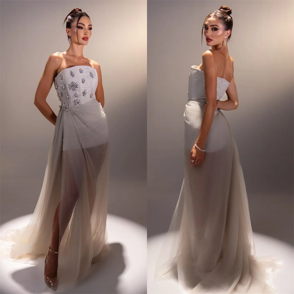 

Customized Sexy Fashion Jersey Rhinestone Flower Pleat A-line Strapless Long Dresses Bespoke Occasion Dresses Exquisite Elegant