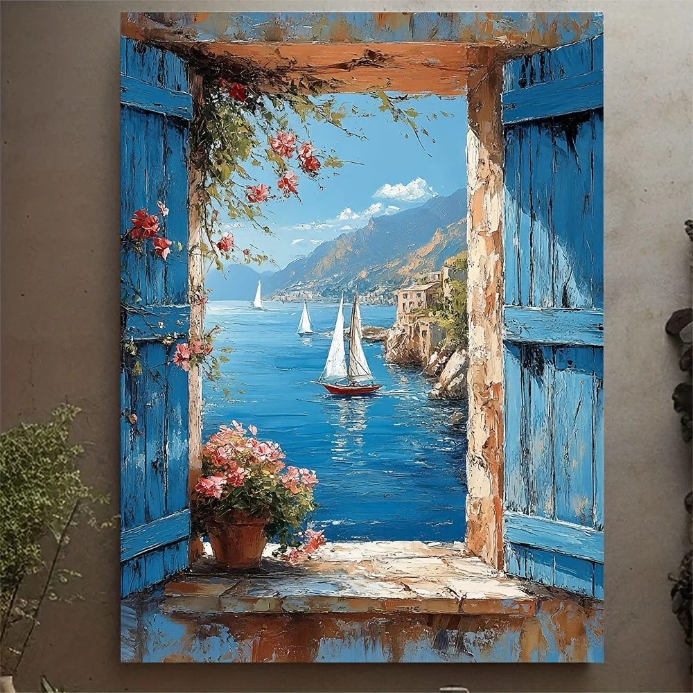 1pc, [2D Flat] with Frame, 30.48x40.64cm Charming Window View Canvas Painting - Coastal Sailboat Scene with  Shutters, Perfec