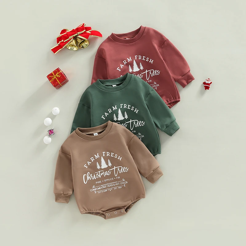 Newborn Baby Girl Boy Christmas Outfit Retro Christmas Tree Crewneck Sweatshirt Romper Oversized Fall Winter Bodysuits Clothes