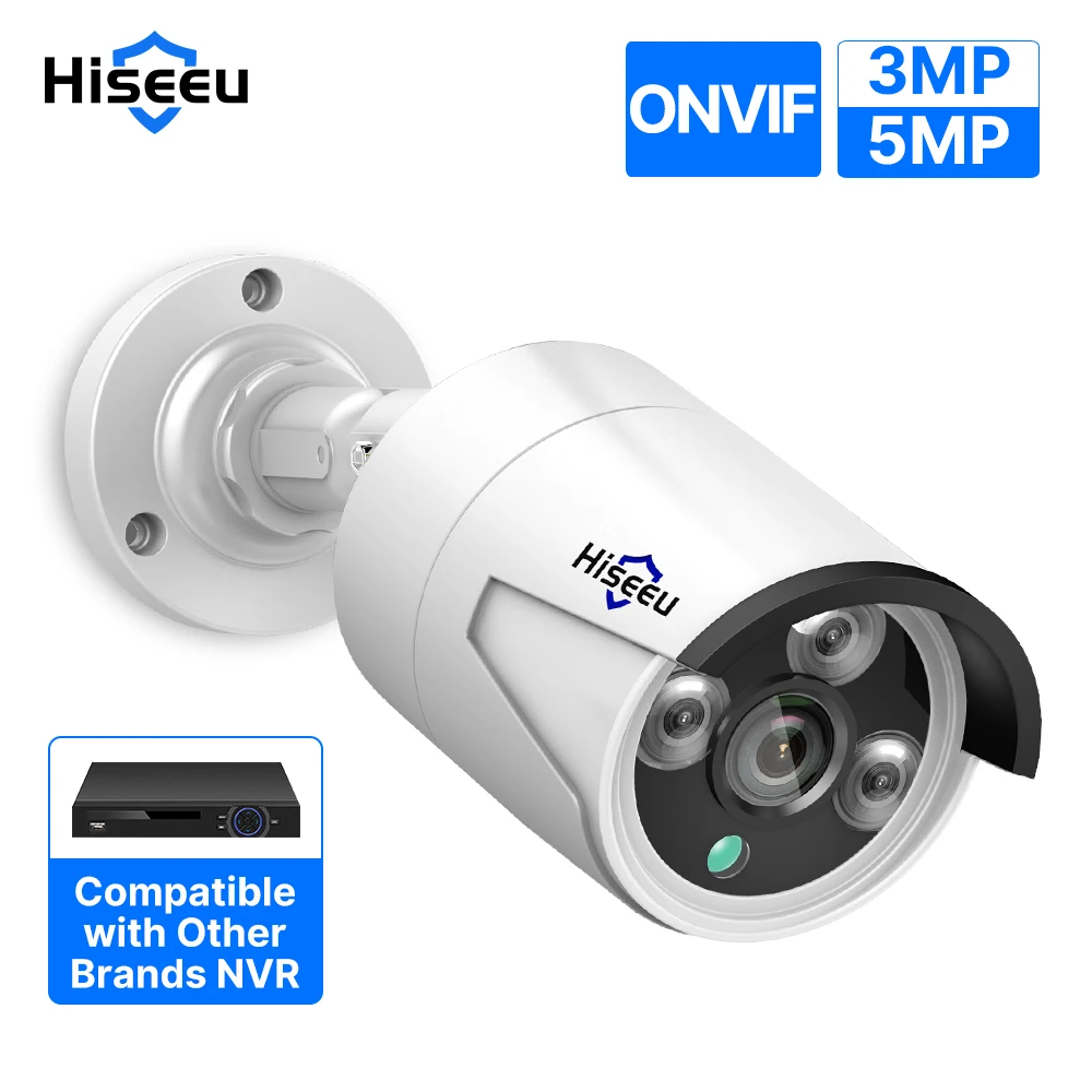 Hiseeu 5MP 오디오 IP 감시 카메라, POE H.265, IP66 방수 야외 CCTV 카메라, P2P 비디오 홈 POE NVR 지원