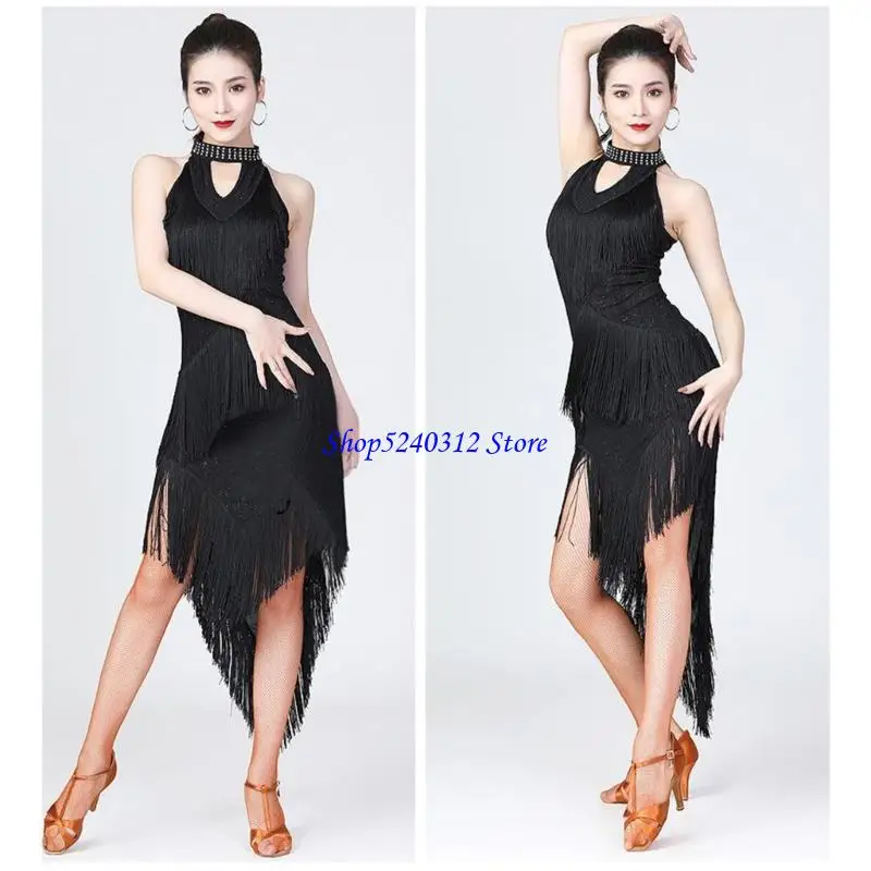 634C Performances scène robe paillettes costumes danse latine tissu stretch asymétrique conception