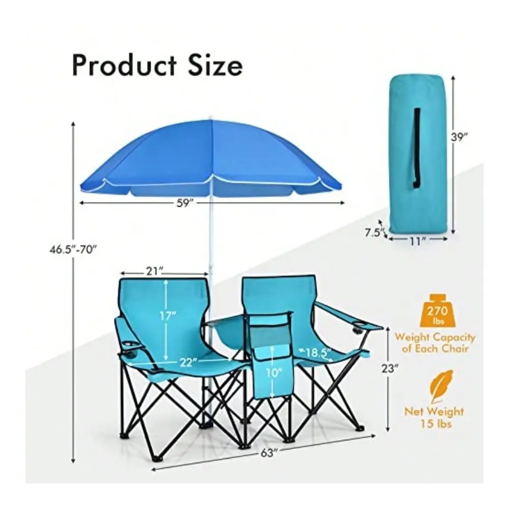 Double Folding Beach Chairs With Umbrella, Outdoor Picnic Portable Loveseat Chairs With Removable Umbrella And Mini Table Carrying Bag, Camping Chair For Patio, Pool, Park (Turquoise)