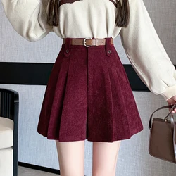 New Autumn Winter Corduroy Women Shorts Korean Style Fashion High Waist A-line Pleated Shorts Skirts Ladies Casual Culottes