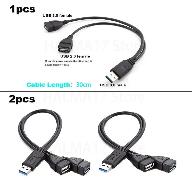 

USB 3.0 A 1 Male To 2 Dual USB Female Data Hub Power Adapter Y Splitter USB Charging Power Cable Cord Extension Cables J17