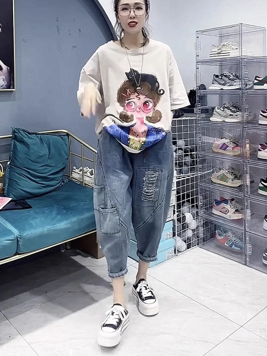 Summer plus Size Mom 300 Pounds Denim Dad Jeans Women's Elastic Waist Hole Harem Pants Vintage Cabbage Pants
