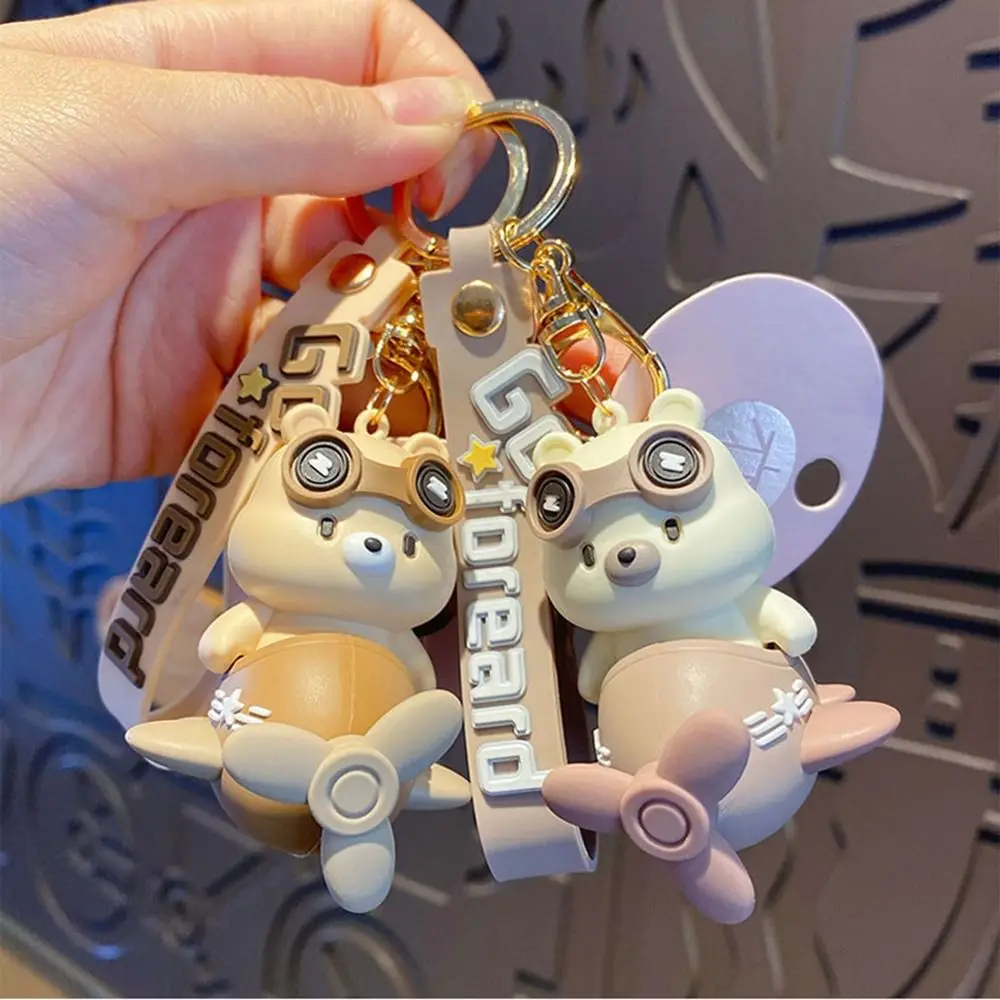 Cartoon Bear Doll Fighter Keychain Cute Rotating Small Plane Schoolbag Pendant Flying Glasses Bear Stars Car Key Ring Couple