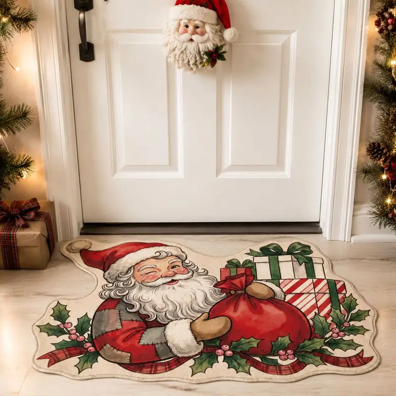 VIKAMA Holiday Santa Area Rug with Gift Sack and Holly Leaves Non Slip Soft Washable Floor Carpet for Bedroom Home Decor