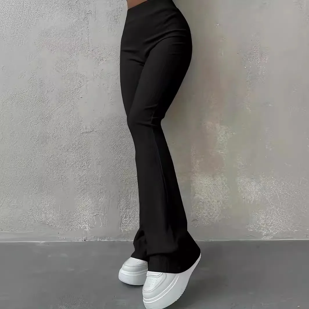 

Women Flared Leg Pants Casual High Waist Full Length Trousers Ribbed Texture Solid Color Leggings Black Slim Fit Pink Pants