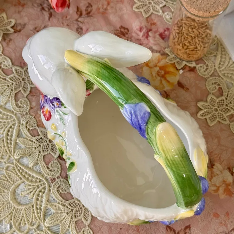Underglaze Pansy Ceramic Rabbit Basket Decorative Fruit Flower Tote Candy Snack Holder for Easter Cute Bunny Home Decor Ornament
