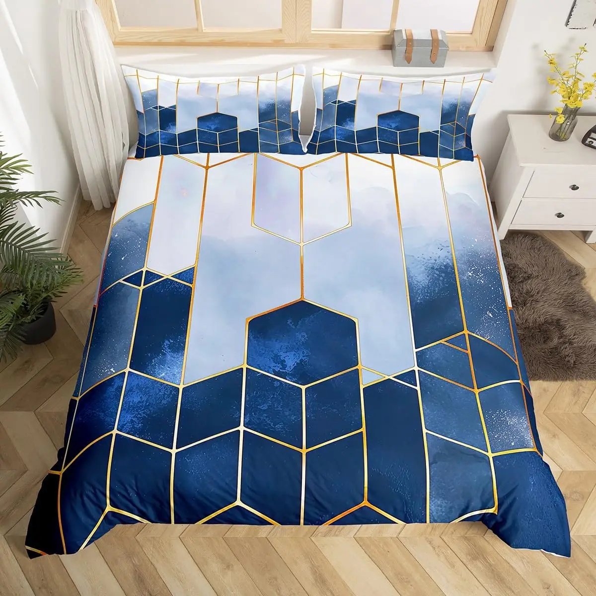 Marble Duvet Cover Twin, Gold Glitter Abstract Marbling Bedding Set Watercolor Stone Marble Texture Comforter Cover, Aqua Blue