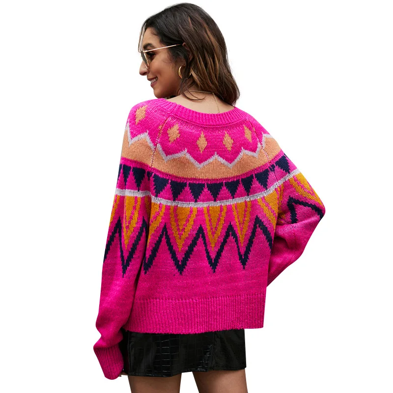 Womens Fluorescent Powder Sweater Spring Autumn Raglan Sleeve Geometric Jacquard Casual Loose Knitted Pullover Tops Jumpers