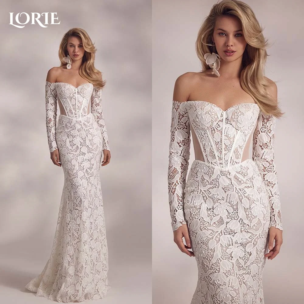 

LORIE Vintage Lace Wedding Dresses Pleats Sweetheart Off Shoulder Lace Bridal Gowns Appliques Long Sleeve Corset Bride Dress2024
