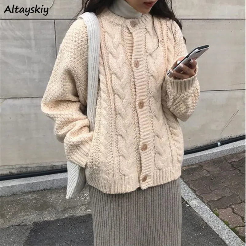 

Sweater Winter Korean Style Cardigan Screw Thread Design Retro England Style Lazy Loose Simple All-match Cozy Romantic Tender