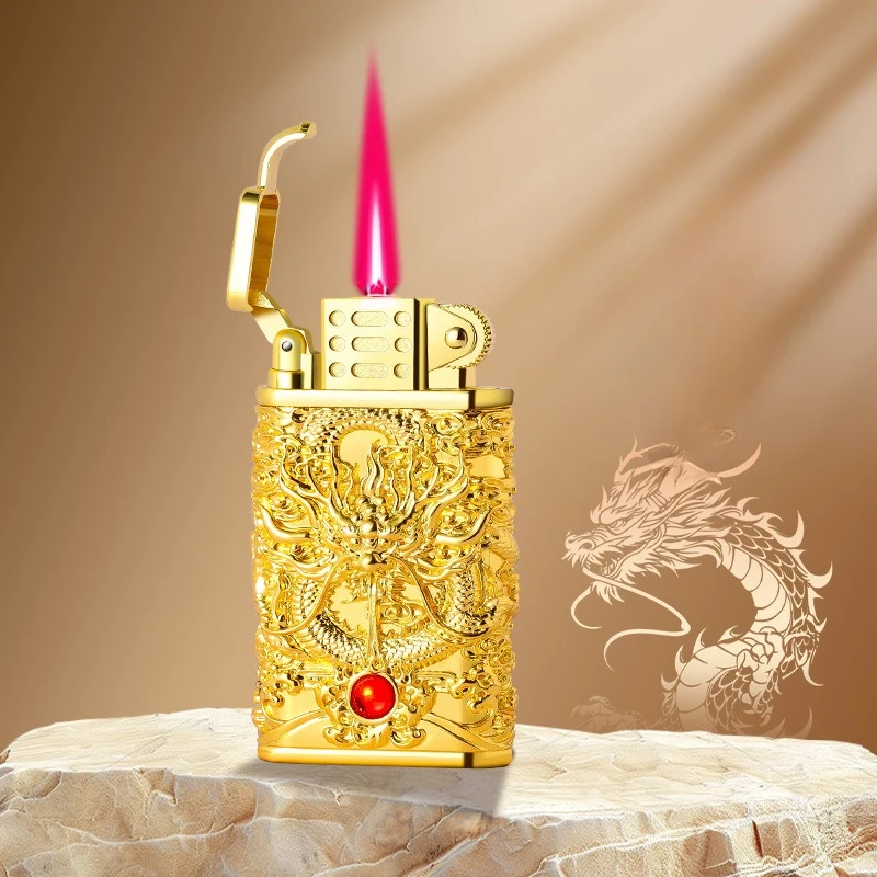 Relief Dragon Pattern Retro Metal Inflatable Windproof Lighter High-quality Gift Lighter Domineering Appearance Smoking Tool