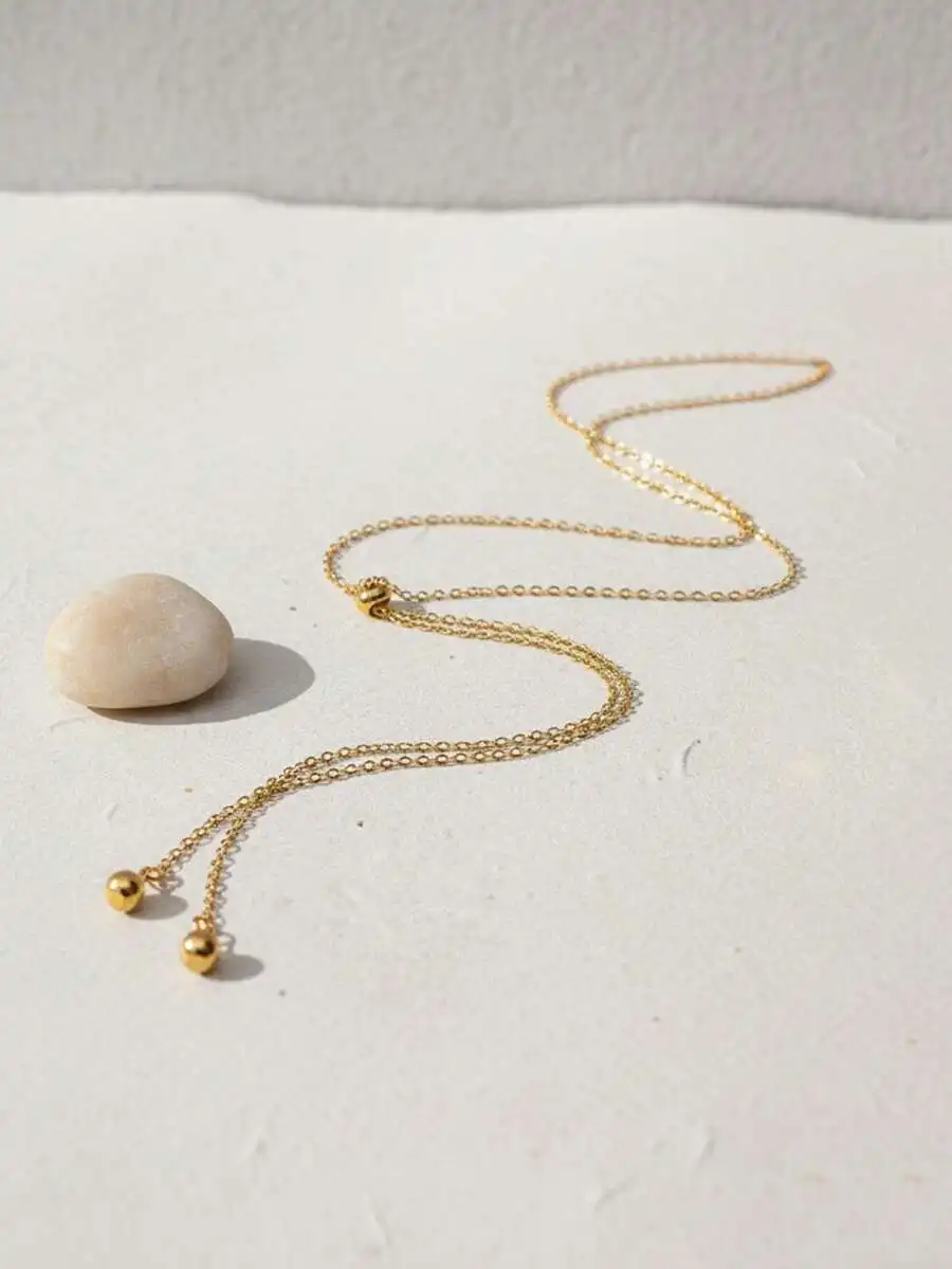 1pc 18K Gold Plated Stainless Steel Round Bead Pendant Adjustable Long Necklace, Fashionable Minimalist Design Suitable For Dail view 5