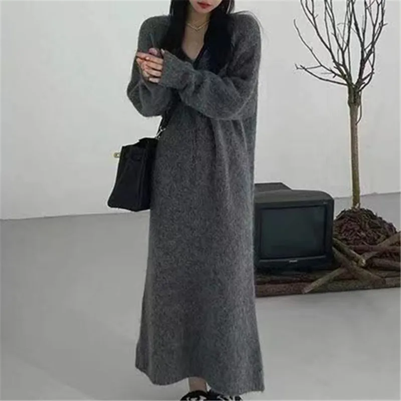 Women Dress Sets V Neck Knitting Sweaters Dress Solid Color Jumper Two Pieces Set Loose Casual Slight Strech Winter 2024