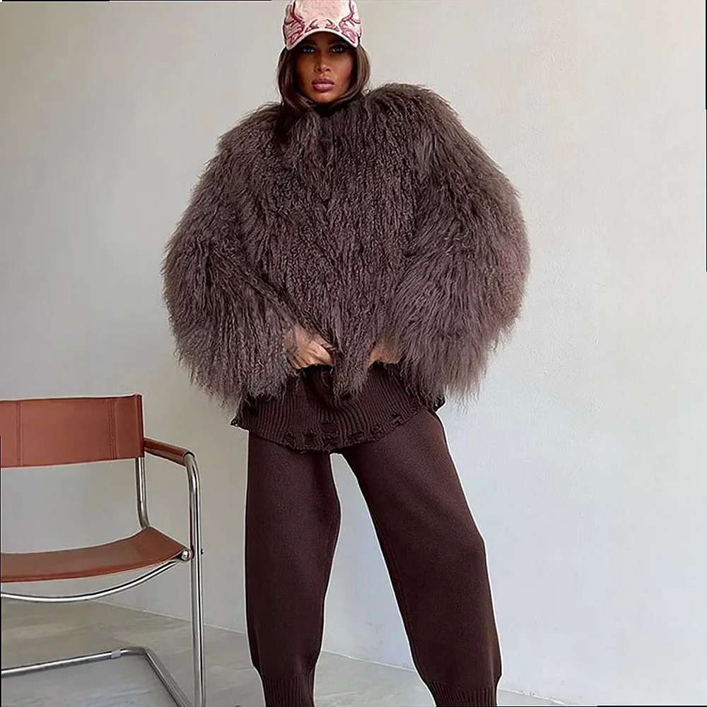 Crossbody Spring Summer Faux Fur Coats Short Fluffy Brown Outerwear Tops