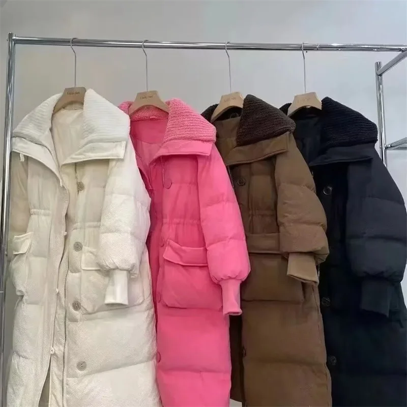 Large Lapel Down Cotton Padded Jacket For Women Medium Length Rose Pink Smallshaking Sound Korean Version Waist Closing Foreign