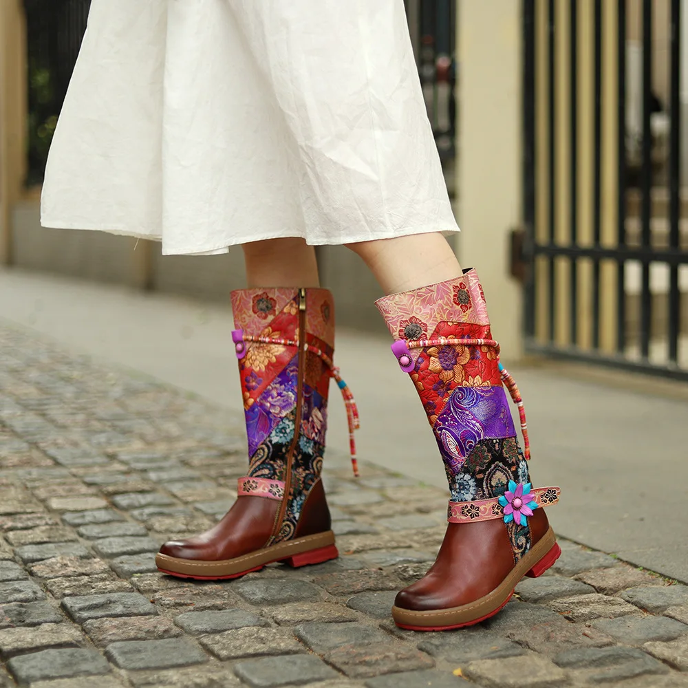 Socofy Raffan Print Genuine Leather Ankle Knee High Boots Woman Flats Ladies Flower Autumn Spring Plus Size Shoes Long Boots
