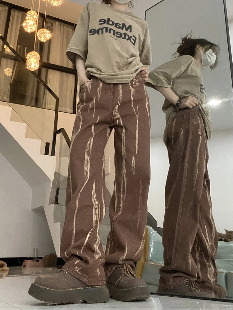 

Ковбойские брюки с высокой талией Cool Girl Y2K, повседневные джинсовые брюки в стиле ретро, женские уличные коричневые джинсы в полоску с принтом тай-дай