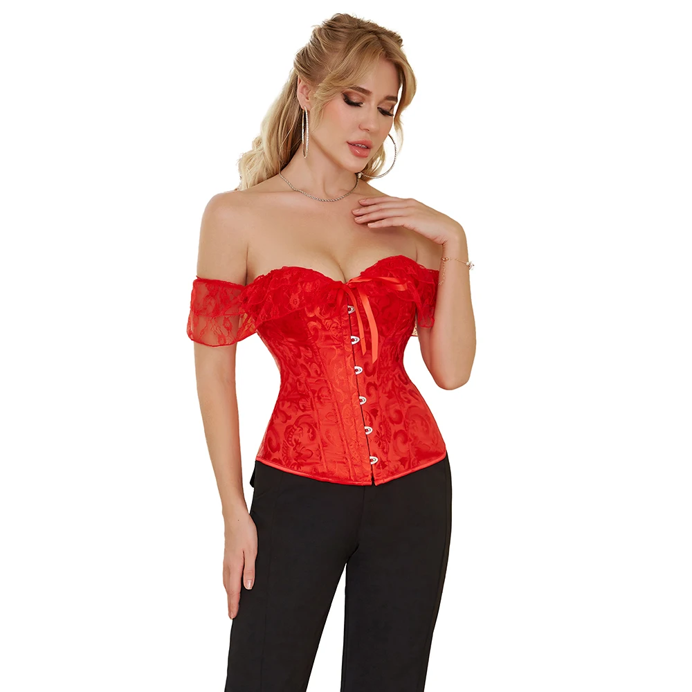 Overbust Corset with Lace Short Sleeves Women Jacquard Waist Bustier Top Corselet