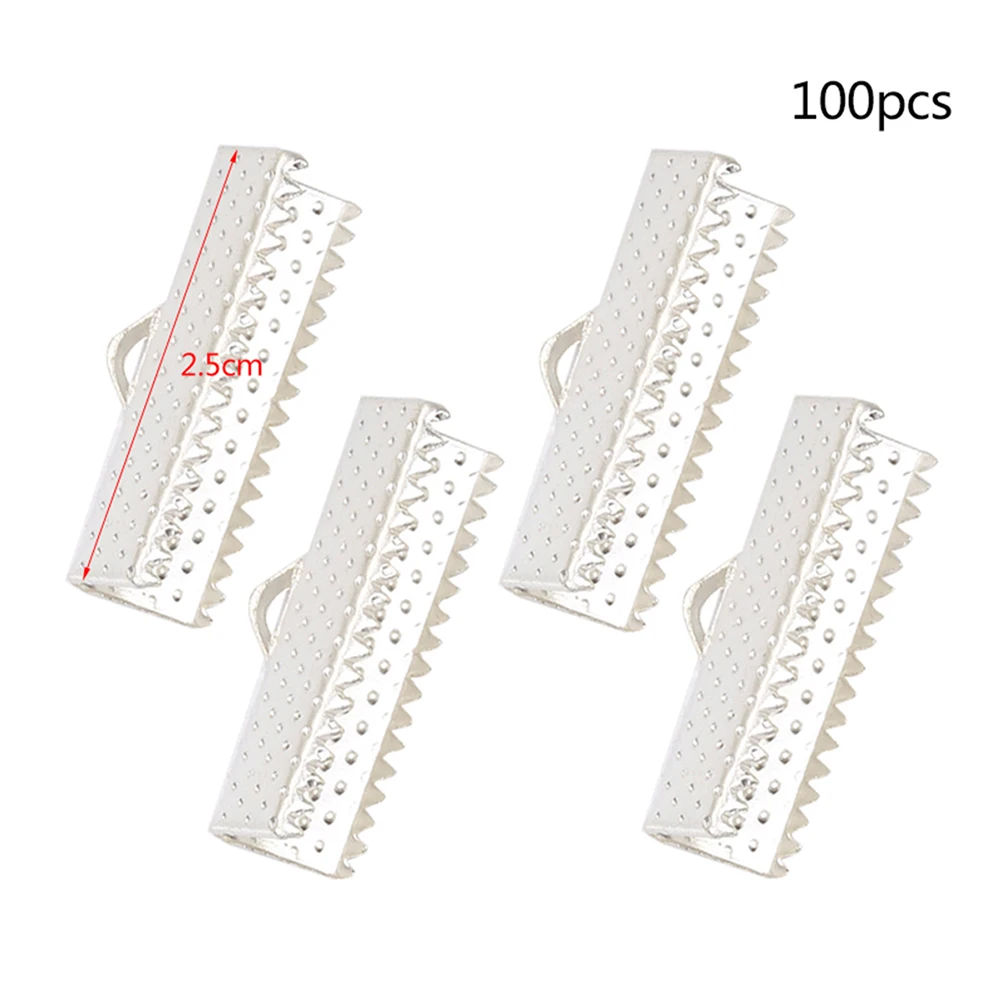 

100pcs 2.5Cm Plated Ribbon Ends Metal Fastener Clasps Textured Crimp Cord Buckles Zipper Clips Diy Jewelry Accessories Silver