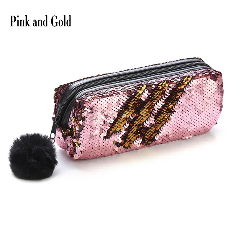 Estuche de lápices de lentejuelas brillantes Reversible con cremallera, caja de lápices de papelería escolar con bolas de pelo, bolsa de