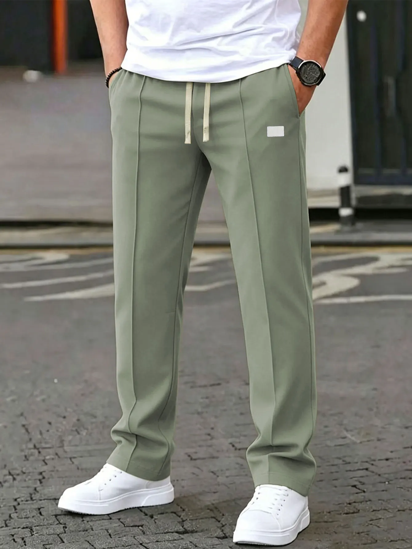 Einfarbige Herrenhose mit Kordelzug an der Taille, normale Passform, lässige, bequeme Taschenhose für Frühling und Herbst, Herrenhose für den Alltag