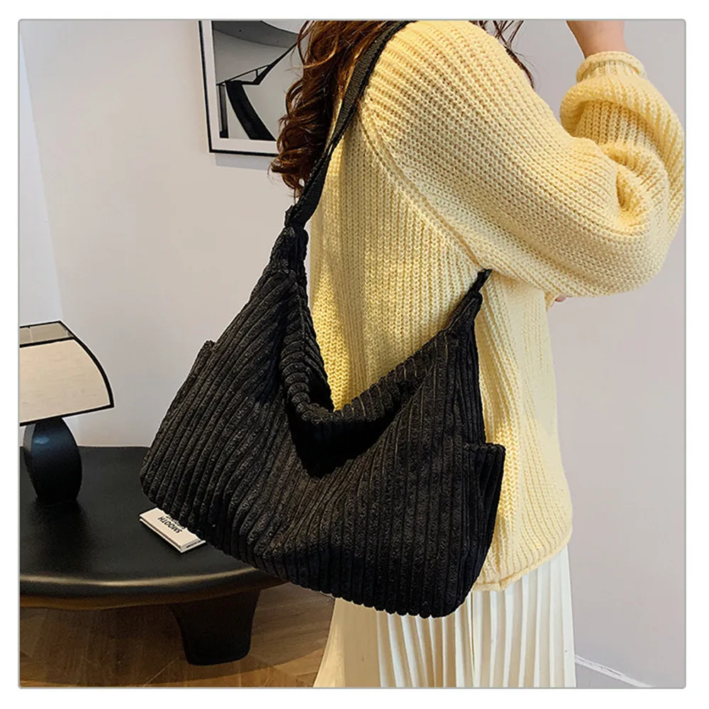 Corduroy Handbag for Women Large Capacity Simple Shoulder Tote Bag Casual Commuting Bag Versatile Strip Fashionable Stripes Bag