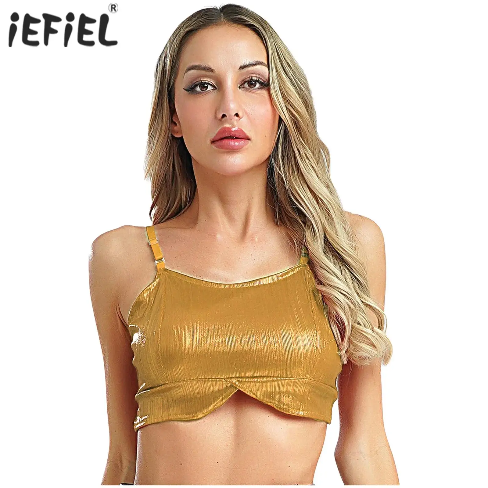 

Women Sparkly Glitter Tank Top Shiny Metallic Cami Top V Neck Crop Top Vest Pole Dance Top Rave Party Outfits Nightclub Costume