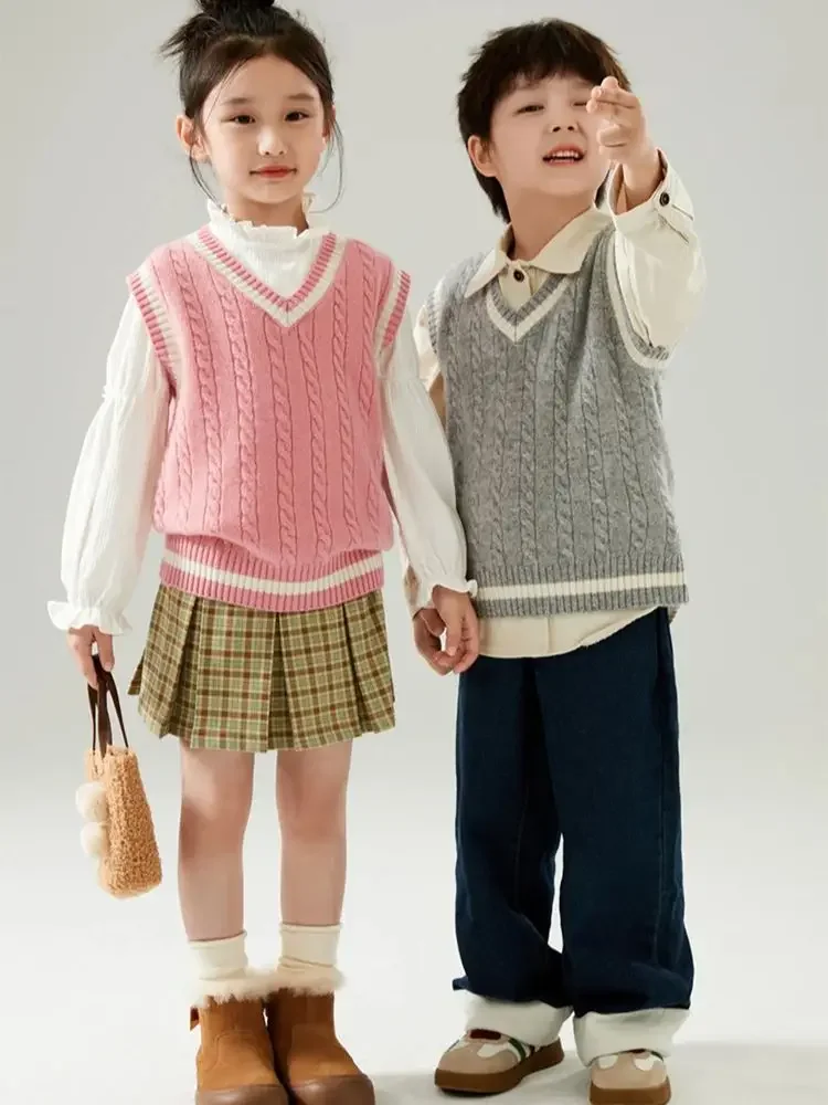 

Boy Girl V-neck Wool Sweater Vest Children Autumn Winter Classic Pullover 100% Merino Wool Knitwear Kids Sleeveless Casual Tops