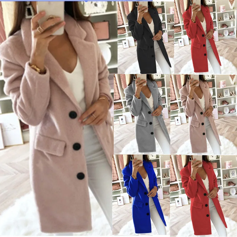 Eleganter Damen-Mantel mit Reverskragen und Knopfleiste, Flauschiger Mid-Coat, Locker Geschnitten, Modische Büro- und Pendler-Winterjacke – Detail 2