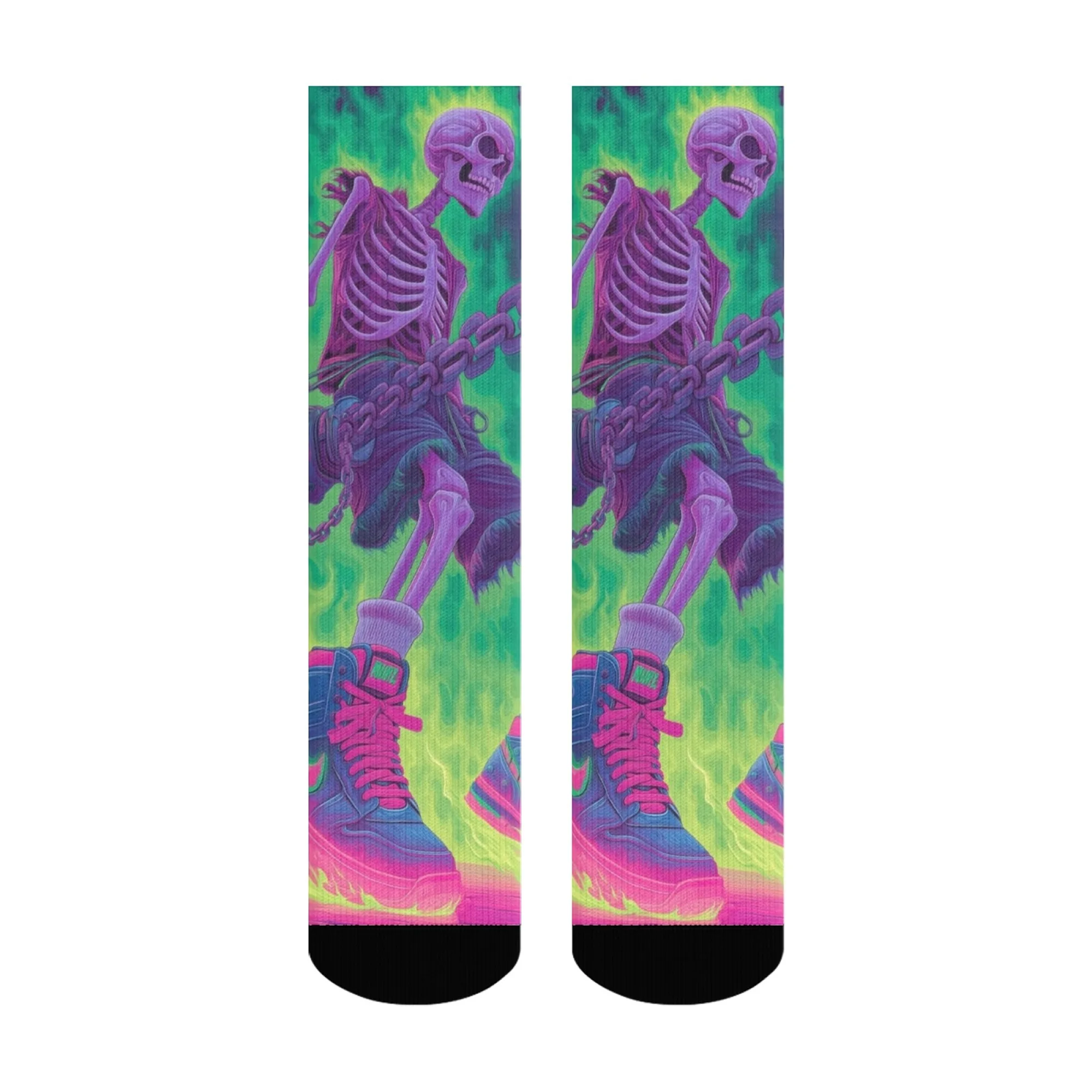 Fluorescent Skull Trendy Shoes Mid-Calf Crew Socks Chain Element Dark Style Cyberpunk Trendy Fashion Unisex Street Outfit Socks