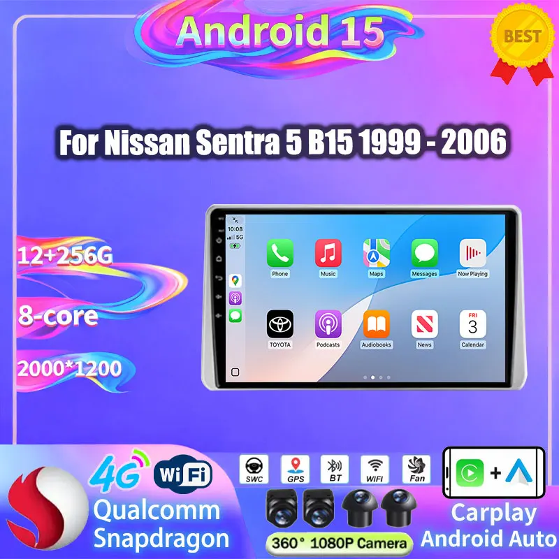 Wireless Carplay Android Auto For Nissan Sentra 5 B15 1999 - 2006 Android 15 Car Radio Multimedia Video Player Navigation DSP BT