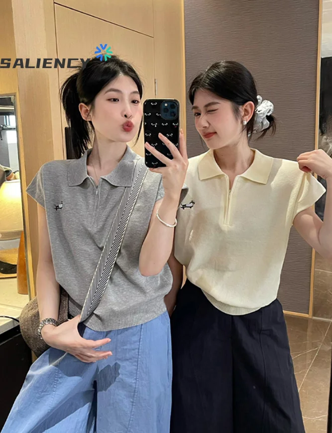 SALIENCY Zip Polo Neck Knit Short Sleeve T-Shirt for Women 2025 Summer Puppy Embroidery Dopamine Top