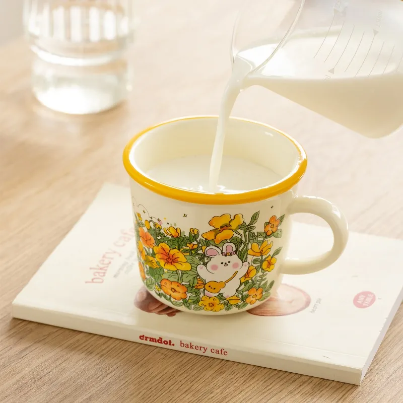 Caneca de porcelana com flor e coelho, xícara de cerâmica, pastoral europeia, sobremesa do café da manhã, leite, escritório, presente de aniversário, casa, 340ml