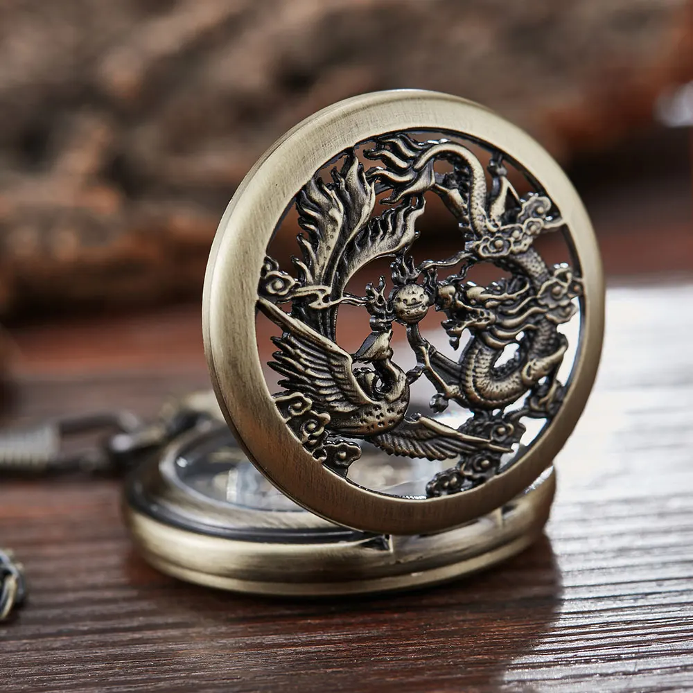 Vintage Black  Mechanical Pocket Watches Mens Lucky Phoenix and Dragon Skeleton Pocket Watch Antique Roman Numerals