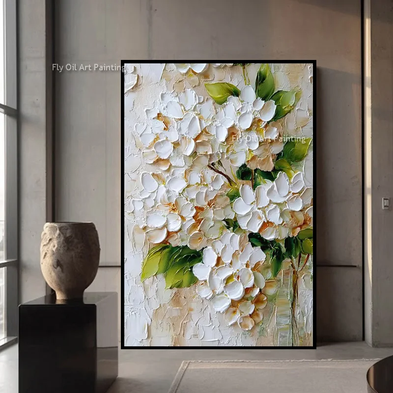 Handmade Thick Texture Floral Canvas, Hand‑Painted White Hydrangea Impasto Oil Painting for Modern Botanical Wall Art