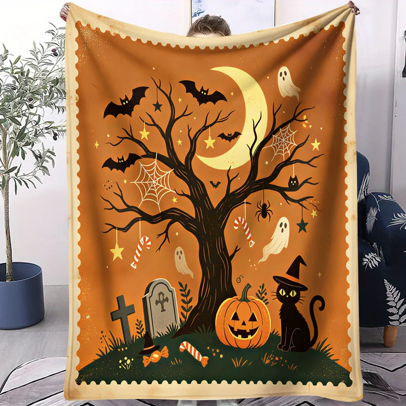 Fashion Halloween Print Flannel Blanket Pumpkin Ghost Black Cat Bat Tombstone Throw Blanket Warm Sofa Bedroom Decor Holiday Gift