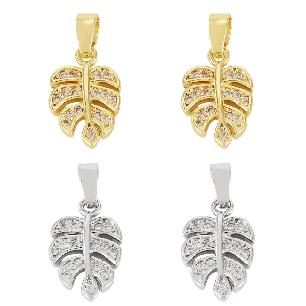 4Pcs Brass Micro Pave Clear Cubic Zirconia Tree Leaves Charms Leaf Pendants for Bracelet Necklace Making Jewelry Accessories